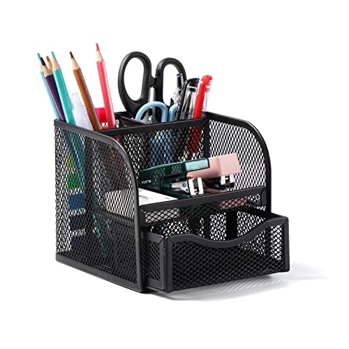 Vinabo Rangement Bureau, Organisateur de Bureau en Filet MéTallique, Pot a Crayon Bureau avec 4 Compartiments de Tri, Porte Stylo Peu Encombrant avec Tiroir...