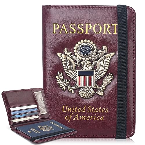 Passport Holder for Travel Women Men, Passport Wallet RFID Blocking US Passport Cover Case, Waterproof Leather Travel Documents Holder with Vaccine Card Slot, Ticket Organizer Carrier
