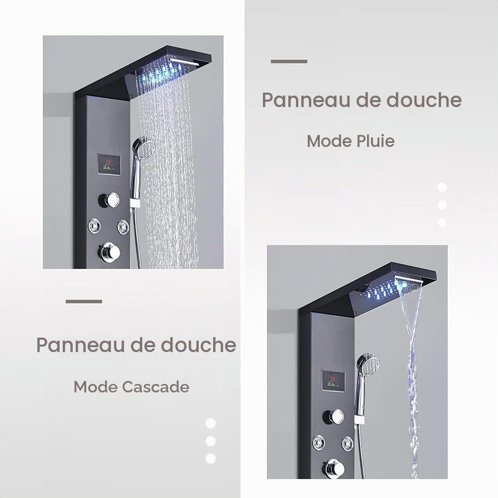 LED Colonne de douche hydromassage en acier inoxydable 304 avec mitigeur de massage, pomme de douche fixe, douche et bouche baignoire 5 fonctions pour salle de bain noire