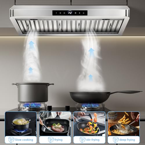 Image of 30 inch Range Hood Under Cabinet, 1200 CFM with 4-Speed Gesture Sensing & Touch Control, Stainless Steel Kitchen Stove Vent Hoods with 2 LED Lights, Time Setting,18B-E30
