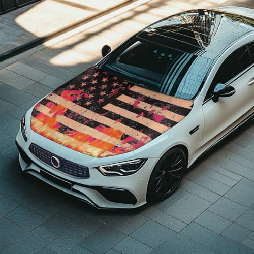 Image of Black US Flag Flames Car Hood Cover Protector Car Hood Wraps Auto Banner Stretchable Auto Decorative Accessories for Compact Sedans SUV Trucks (59x39 Inch)