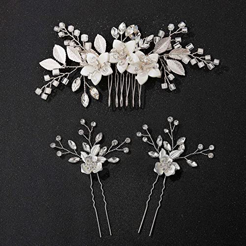 SWEETV Silver Bridal Hair Comb&Wedding Hair Pins Set,Wedding Hair Accessories