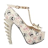 SHOW STORY Beige Skull Rose Print Studs Bow Chain Peeptoe Ankle Strap Platform Dinosaur Bone Rough 5