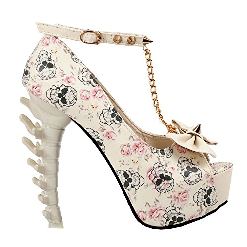 SHOW STORY Beige Skull Rose Print Studs Bow Chain Peeptoe Ankle Strap Platform Dinosaur Bone Rough 5
