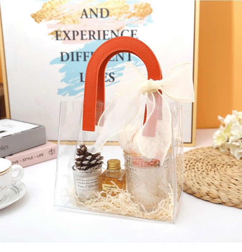 Image of SATYAM KRAFT 6 Pcs Transparent Reusable Leather Goodie Bags | Elegant Gift Bags for Her /Him Wedding Return Favors, Engagement Hampers, Marriage, Birthday & Festival Gifting | Handle Hamper Shopping Carry Bags (U-shaped Orange - Medium)