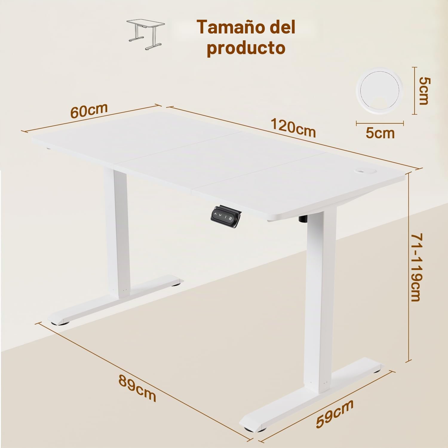 Devoko Escritorio Elevable Eléctrico,Escritorio Regulable en Altura con Gancho, 71-119 cm, 2 Opciones de Memoria Inteligente, Adecuado para Estudiar Trabajar (Blanco, 120x60cm)