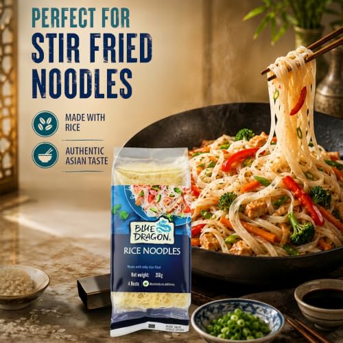 Image of Blue Dragon Rice Noodles 250g | 4 Noodle Nests | Authentic Asian Style | Perfect for Stir Fries, Soups & Salads | Vegan | Imported from Thailand