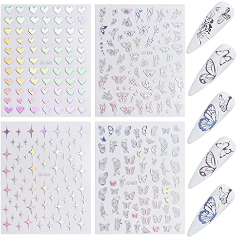 Laser Silberne Nagelsticker, 4 BläTter 3d Holographische Schmetterling HerzföRmige Stern-Nagelsticker Cover