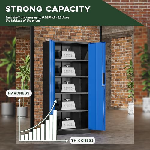 Image of Greenvelly Metal Storage Cabinet, 72 inch Locking Metal Garage Storage Cabinet with Doors and 4 Adjustable Shelves, Lockable Steel Cabinet for Home Office, Garage, Shop, School (Blue 32 inch W x 16 inch D)