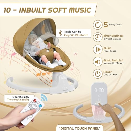 Image of Electric Baby Swing Rocker for Infants with Remote Control, Bluetooth Music, 5-Point Safety Harness, Toys, Soft Cushion, Mosquito Net, Automatic Baby Cradle for 0-12 Months(Brown)