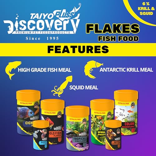 Image of Taiyo Pluss Discovery Betta Colour Mini Flakes Fish Food - 25 g (Pack of 1) | Premium Slow Sinking Diet for Fighter Fishes with Krill & Squid for Active Growth & Coloration