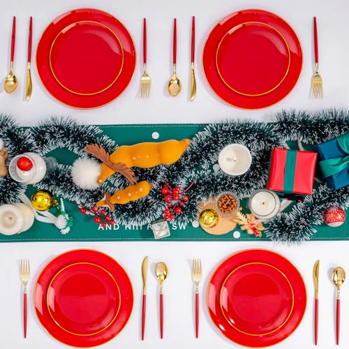 DaYammi 150Pcs Red Plastic Plates & Gold Cutlery with Red Handle,Christmas Disposable Plates Set Include 30 Dinner Plate, 30 Dessert Plate,30 Knives,30 Forks,30 Spoons for Christmas Party Holiday – Image 3