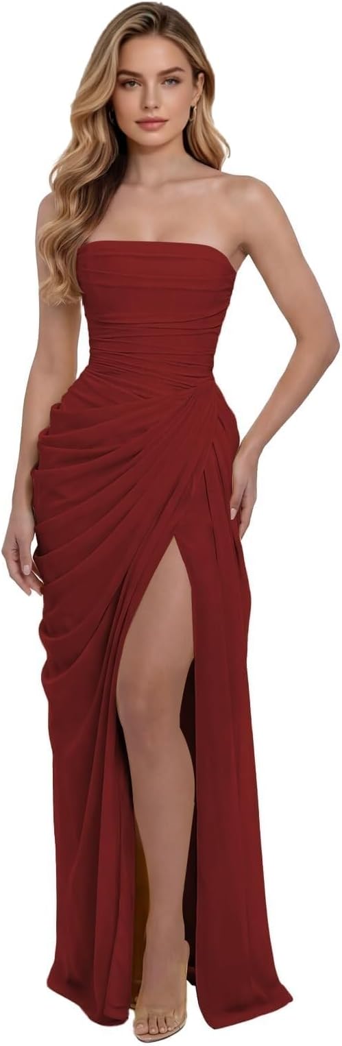 Strapless Corset Prom Dresses for Women Mermaid Pleated Chiffon Maxi Wedding Guest Dress Long Formal Evening Gown Slit