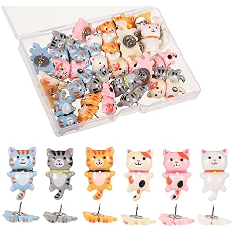 30pcs Cute Cat Push Pins for Cork Board Cartoon Animal Drawing Pins for Pinboard, Decorative Resin Tacks for Craft Bulletin Map Photos Board Wall Office (6 Colors) Cover