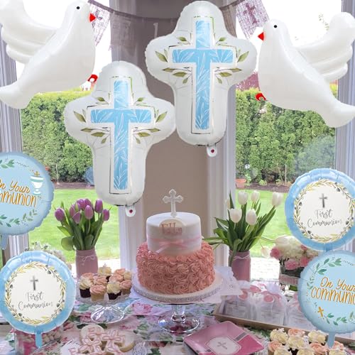 Ballons de première communion bleus pour décorer un baptême - 6