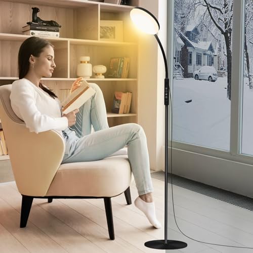 Mojimdo Stehlampe 20000 Lux Tageslichtlampe - Flexible, dimmbare LED Lichttherapielampe mit 5 Farben, 10 Helligkeitsstufen und Timer - Ideal für Schlafzimmer, Wohnzimmer und Büro - Schwarz
