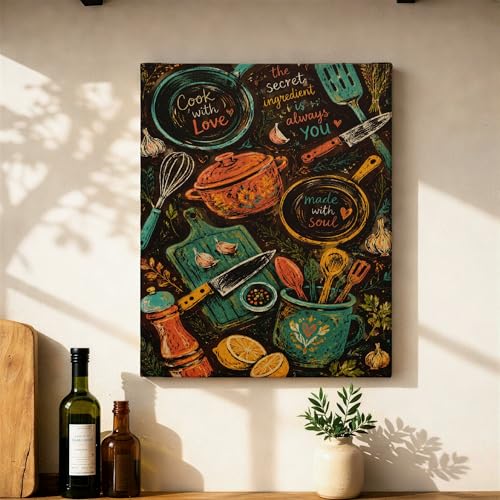 Toile ustensiles de cuisine vintage rustique avec châssis prêt à suspendre 40x50