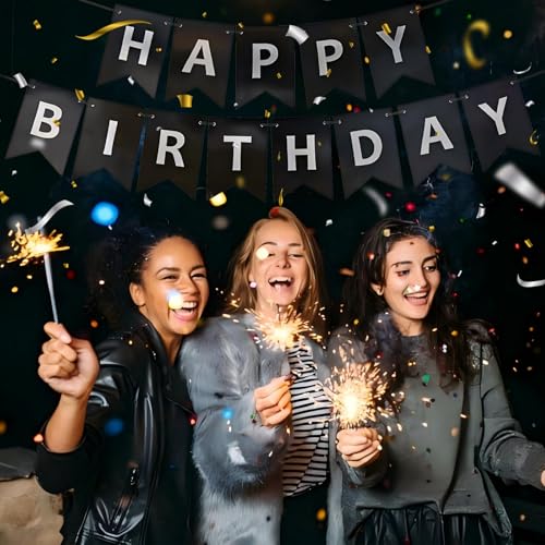 Image of Black Happy Birthday Banner,Pre-Strung Black and Silver Birthday Party Decorations,16ft Hanging Sign for Kids, Girls, Boys, Women - No DIY, Backdrop Supplies