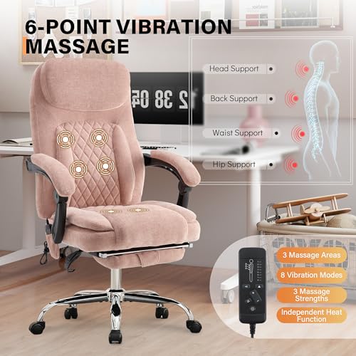 Image of 500LBS Massage Office Chair, 6 Points Vibration & Heat Executive Office Chairs, 135Reclining Comfy Desk Chair with Foot Rest, Wider & Thicker Seat Cushion, Fabric Big and Tall Gaming Chair, Pink