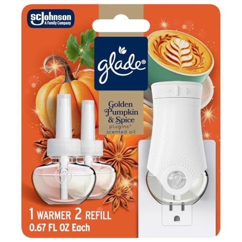 Glade PlugIns Starter Kit, Air Freshener, Golden Pumpkin & Spice, 1.34 fl oz, 1 Warmer + 2 Refills - image 1