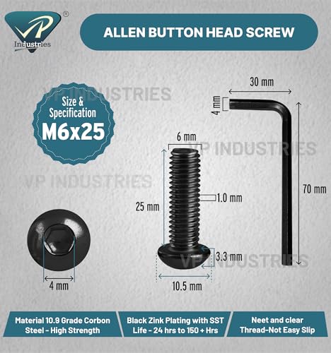 Image of By inchVP INDUSTRIES inch (Pcs-25) M6x25 mm Allen Button Head Cap Screw Black Zinc Plated High Tensile | Round Head Screw for Modular Furniture, Wooden Work, Electrical Fittings, DIY & Industrial Use