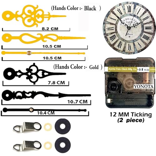 Image of YONOTA Combo of Ajanta Mfg. Battery Operated Plastic Ticking Analog Wall Clock Movement Machine with Hands (Needles : Antique Gold, Black) (Made in India 100%)