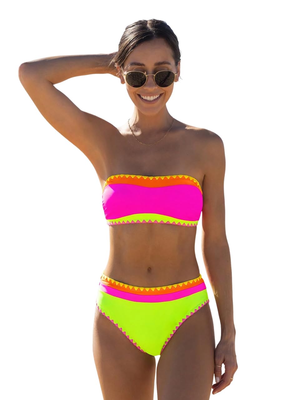 ZAFUL Women's High Cut Bandeau Bikini Set Strapless Solid Color 2 Pieces Bathing Suit Swimsuit (10-Black Red,XL), X-Large
