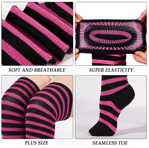 Image of Moon Wood Plus Size Thigh High Socks for Women Knit Cotton Extra Long Striped Over the Knee High Socks Leg Warmers