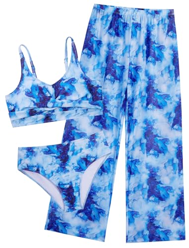 seanrui Girls Swimsuit 3 Piece Bikini Bathing Suit Criss Cross Swimwear Sets with Mesh Cover Up Pants 6-16Y
