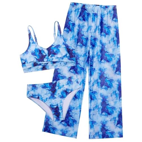 Seanrui Girls Swimsuit 3 Piece Bikini Bathing Suit Criss Cross Swimwear Sets with Mesh Cover Up Pants 6-16Y Light Blue Marble 7 Years