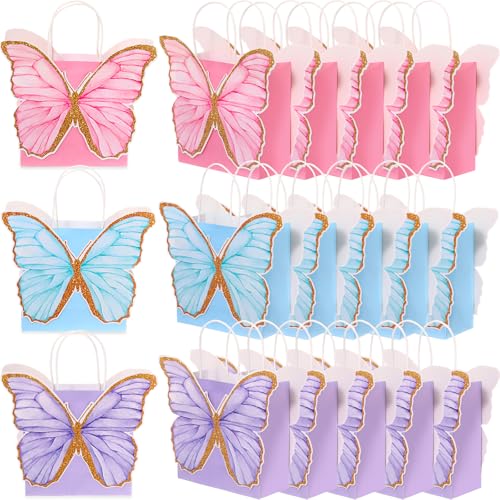 MotiMind 24 Pcs Butterfly Party Favor Bags with Handles Pink Purple Blue Butterfly Goodie Gift Paper Treat Candy Bags for Birthday Party Bridal Showers Supplies (Fresh Colors)