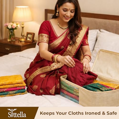 Image of SITTELLA Pack of 3 Cotton Canvas Saree & Blouse Covers with Zip | 17 x 14 x 7 Inch Clothes Storage Bags for Sarees, Dresses & Lehengas | Wardrobe Organizer