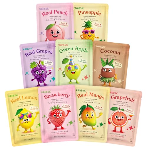 KONEUK 9 Pack Fruit Face Masks Skincare for Kids Bulk Collagen Face Mask for Teens Women Skin Care for Kids Sleepover Party Supplies Spa Birthday Party Supplies and Gifts for Girls