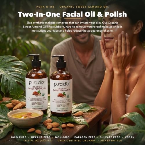 PURA D'OR ORGANIC Sweet Almond Oil (GLASS BOTTLE) Pure Cold-Pressed, 16.9oz - image 2
