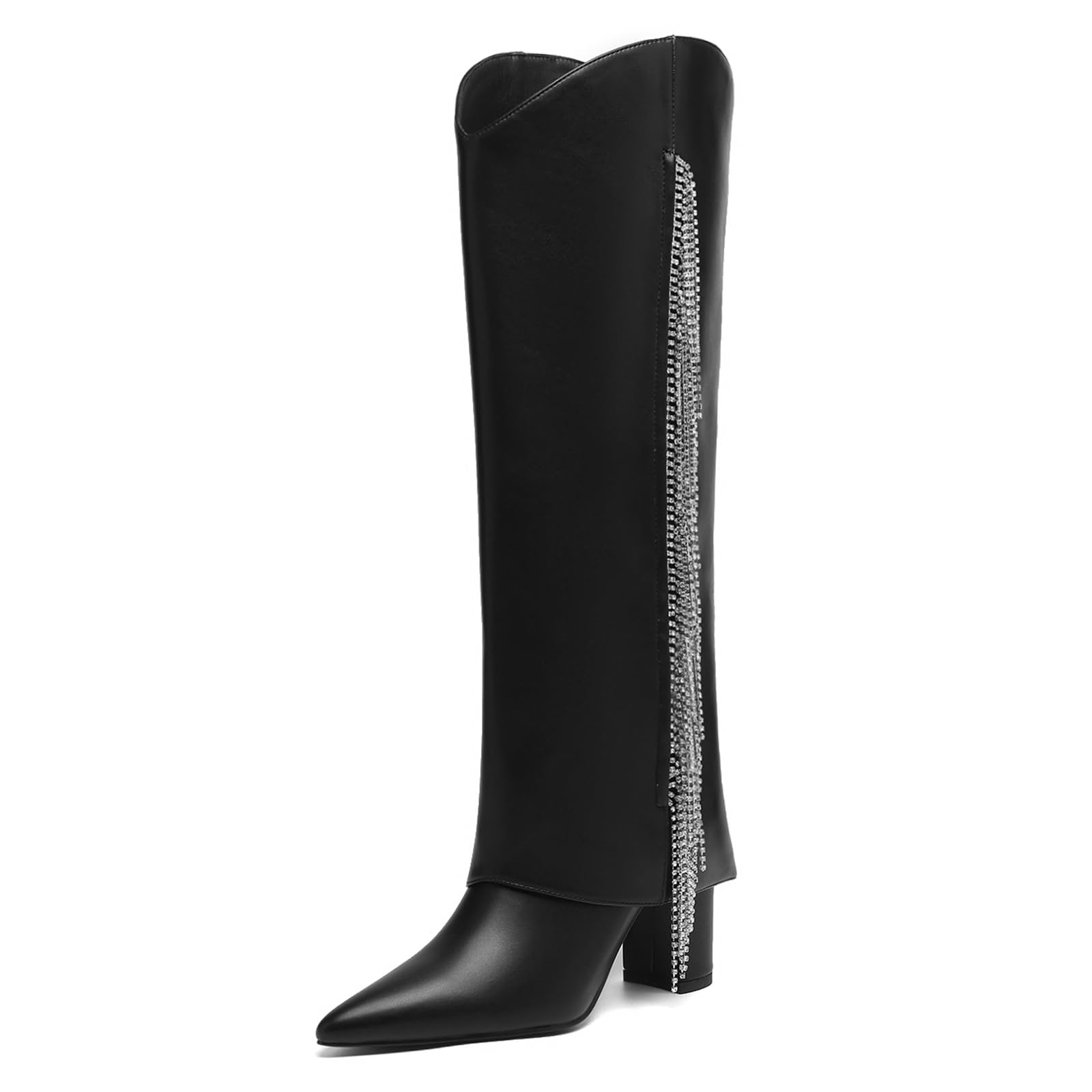 Womens Black Knee-High Boots with Rhinestone Chain Pointed Toe Chunky Heel Dress Boots for Women