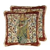 patdrea Designer Vintage Red Velvet Throw Pillow Covers 18x18 Inch,Ancient Civilization Character Floral Pattern,Decorative Square Pillowcases Cushion for Bed Living Room Outdoor Car,Pack of 2