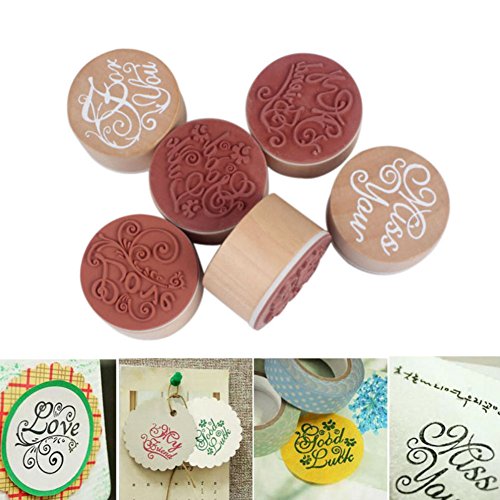 AKOAK 6 Piece Per Set Vintage Good Handwriting Wishes Sentiment Floral Flower Pattern Round Wooden Rubber Stamp for Scrapbooking Wedding Valentine's Day DIY Gift