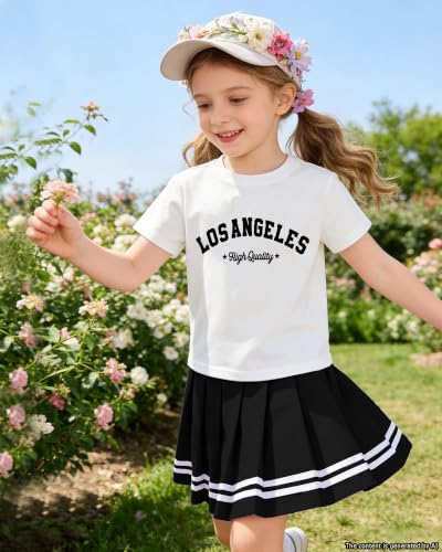 Image of Betusline Girls Skirt Set JK School Uniform 2-Piece Outfit - Short Sleeve & Webbing Solid Skirt,4-14Y