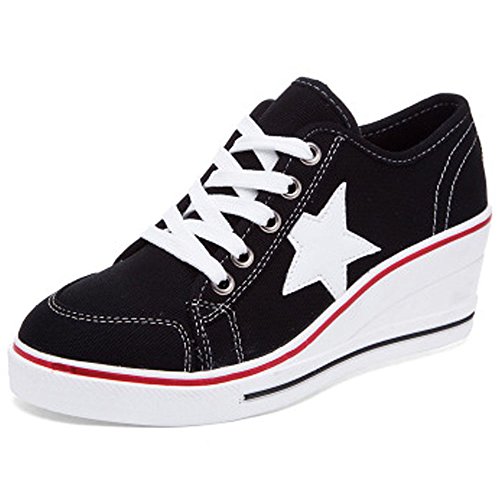Mädchen Canvas Sportlich Low Top Keilabsatz Damen Schnürer Sneaker-Wedges Sportschuhe Größe 35-43 Schuhe für alle Jahreszeiten Schuhe (Schwarz, Numeric_39) Cover