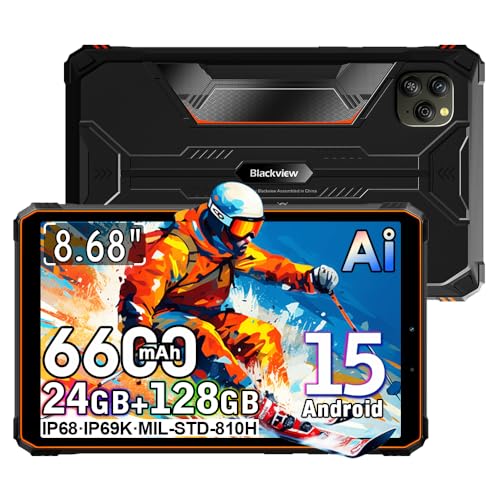 Blackview Active 5 Android 15 Tablet Resistente 8.68 Pulgadas, 24GB+128GB+2TB Movil Irrompible, 2W*2 Altavoces Tablet Antigolpes IP68/IP69K, 6600mAh, 16MP+13MP, Dual SIM/GPS/5G WiFi/OTG/NFC, Naranja