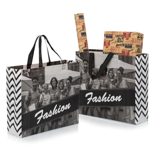 Image of Lavya Reusable Non-Woven Laminated Gift Bags, Wedding Gifts, Shagun, Modern Gifting, Hampers, Chocolates,Perfume,Cosmetics Carry Bag (Fashion Black&White, Pack of 10)