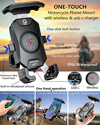 Kewig Waterproof Motorcycle Phone Mount Qi 15W Wireless & Usb C 20W Fast Chargeing Port, One-Push Automatically Lock & Quick Release Handlebar Cell Phone Holder For 4-7'' Phones #TOP2