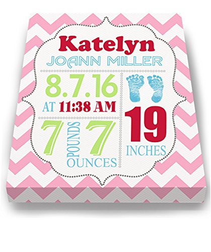 Personalized Stretched Canvas Birth Announcement Gift, Custom Baby Name, Date, Weight Stats, Newborn Footprint Nursery Wall Art Decor, Wooden Frame Construction, Ready to Hang 24X30