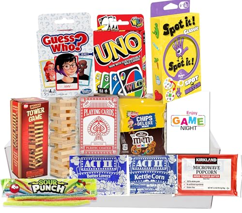 The Ultimate Game Night Gift Baskets for Family, Kids, Teens & Adults | Playing Cards & Snacks & Candy Gift Box for Teenage Birthday | Great Family Games & Movie Night or college, care package