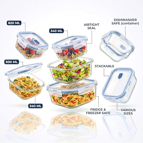 Image of ALTITUDE Borosilicate Glass Food Storage Containers Set of 3 with Airtight Locking Lids, 340ml 500ml 820ml, Insulated Lunch Bag & 120ml Glass Jar, Microwave Oven Freezer Safe