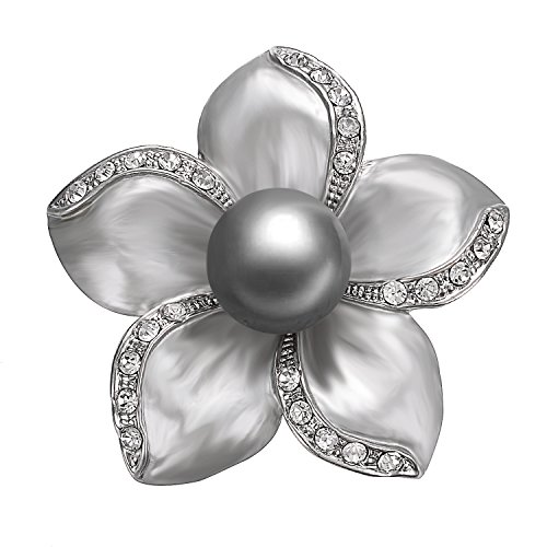 Yoursfs Grey Floral Brooch Pin Grey Painting Mabe Pearl Lacing Crystal Rhinestones Corsage Brooch Women
