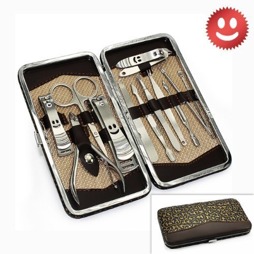 12PCS Big Smile Nail Care Personal Manicure & Pedicure Set, Leather Travel & Grooming Kit, Tool Clipper By Binnbox