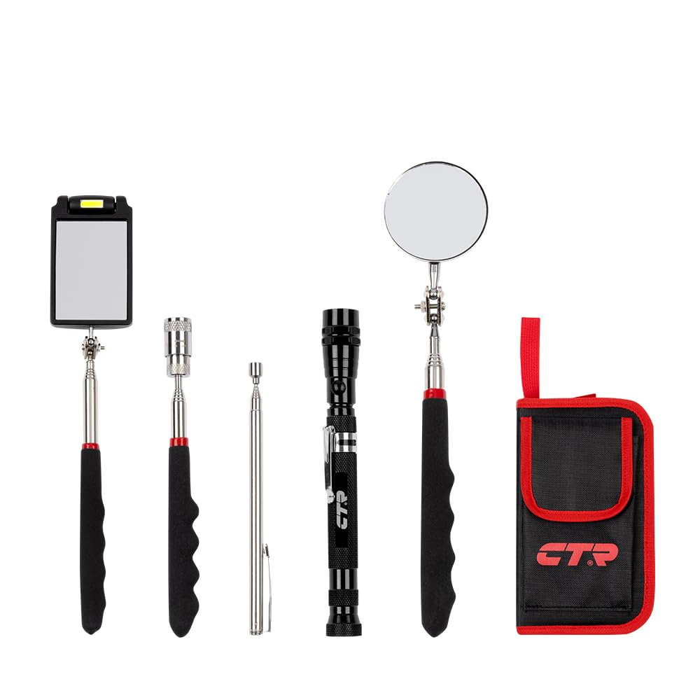 CTR 5PCS Telescoping Magnetic Pickup Tool Kit with Super Bright COB LED Square Inspection Mirror, Flexible Magnet Flashlight, Adjustable Inspection Tool with Long Handle - Best Gadgets Gifts for Men