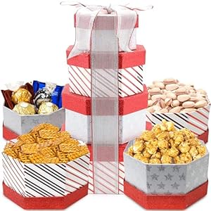 Christmas Tower Box, Party Mix, Gourmet Gift Tower Basket, Gift Basket, Waffle Pretzels, Salted Pistachios, Caramel Corn, Ferroro Rocher