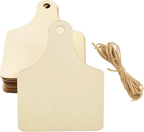 32 piezas de etiquetas de oreja de vaca de madera sin terminar, etiquetas de vaca colgantes de madera natural en blanco, etiquetas de madera de